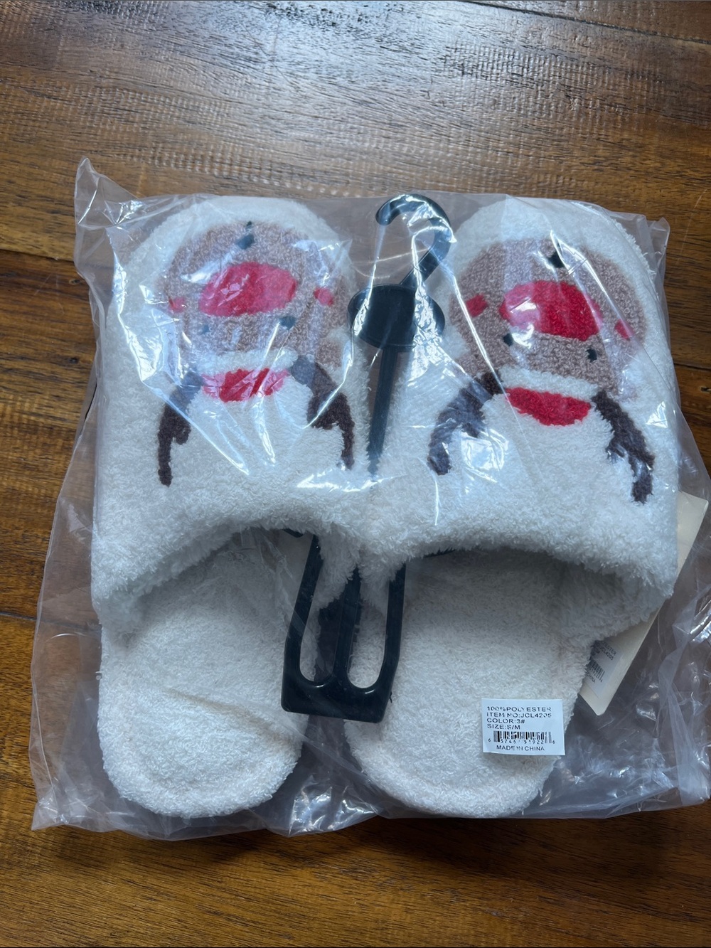 Cozy White Slipper Socks with Red & Brown Sock Monkey Face
